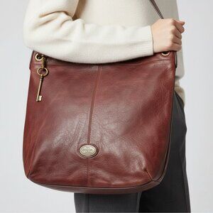 Fossil  Women’s Long Live Vintage Leather Explorer Hobo Bag Dark Brown